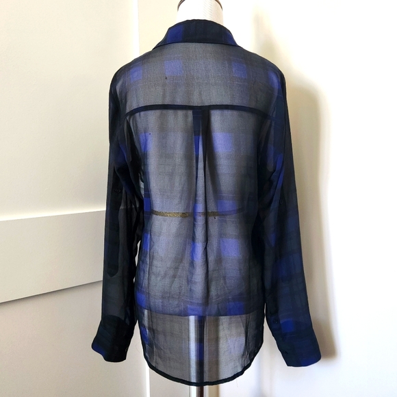 Express Blue/green/black Portifino plaid sheer button-down shirt. Size S. - Picture 2 of 3